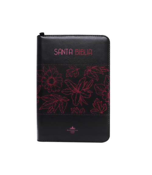 Biblia RVR1960 Negra Con Flores Rosadas Con Cierre