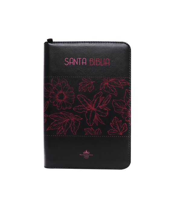 Biblia RVR1960 Negra Con Flores Rosadas Con Cierre